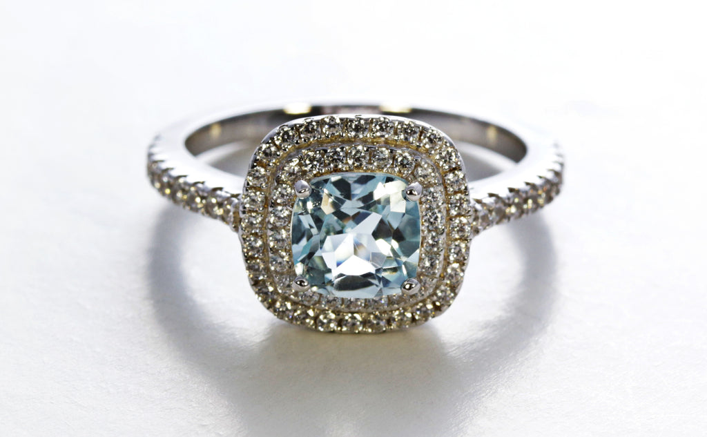 Double Frame Aquamarine Ring in Sterling Silver and Rhodium