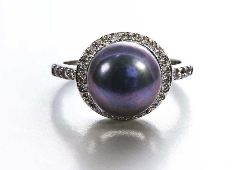 Black Pearl with Halo Ring in Sterling Silver and Rhodium