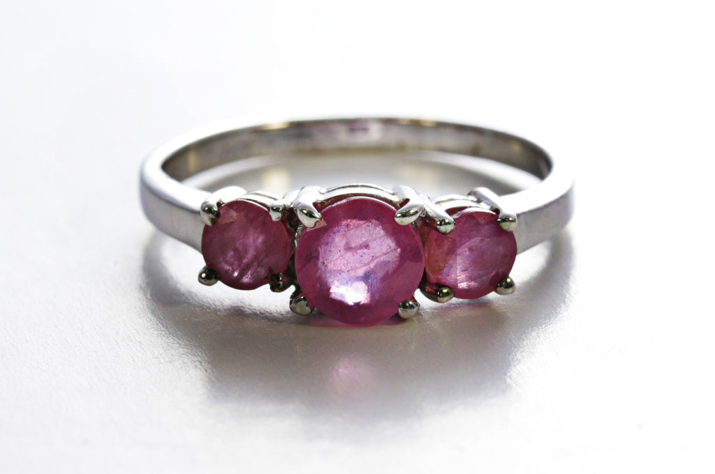 3 Stone Ruby Ring in Sterling Silver and Rhodium