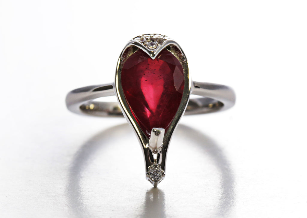 Pear Shaped Ruby Ring with CZ accents in Sterling Silver and Rhodium