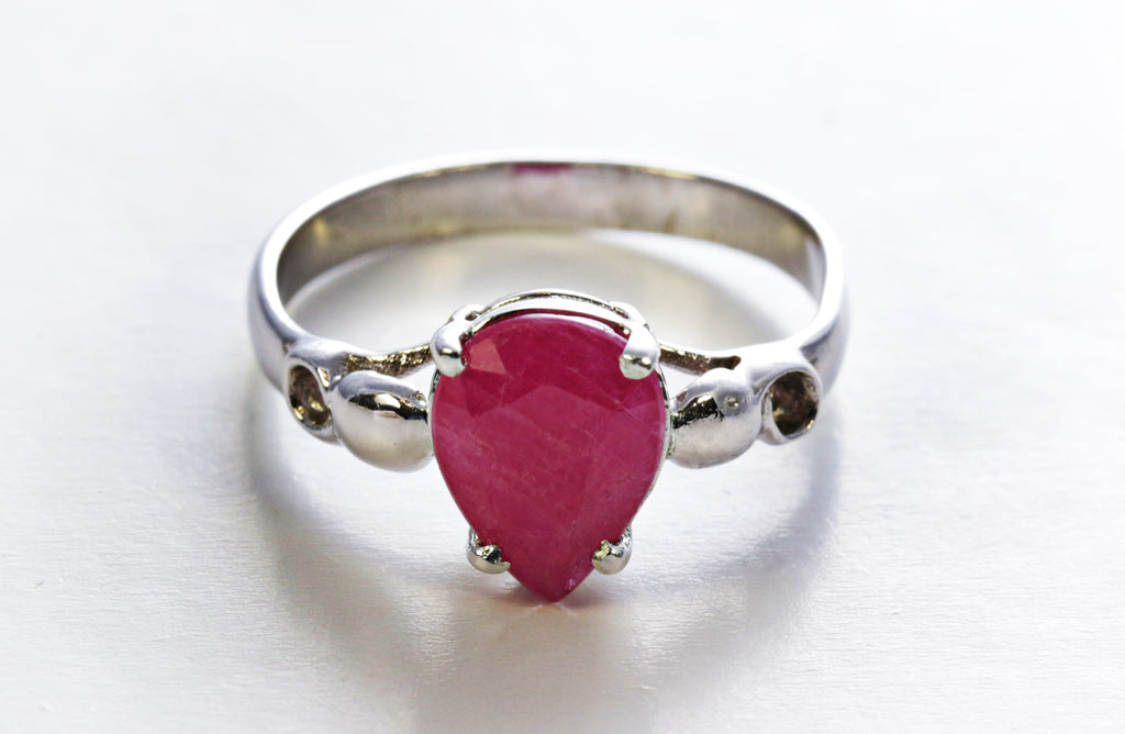Pear Cut Ruby Ring in Sterling Silver and Rhodium