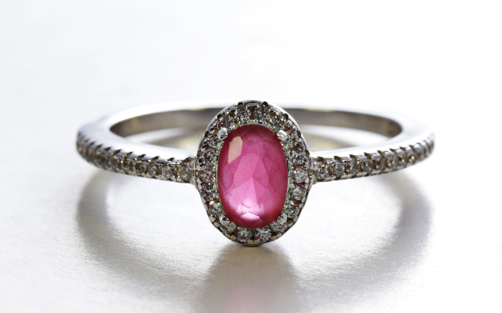 Framed Oval Ruby Ring With Accents in Sterling Silver and Rhodium