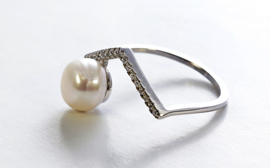 Angular Pearl Ring in Sterling Silver and Rhodium