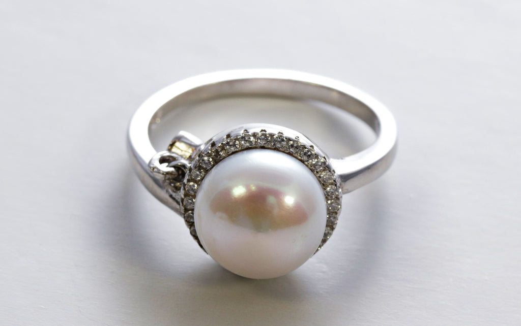 Pearl Ring with Cubic Zirconia Charm in Sterling Silver and Rhodium