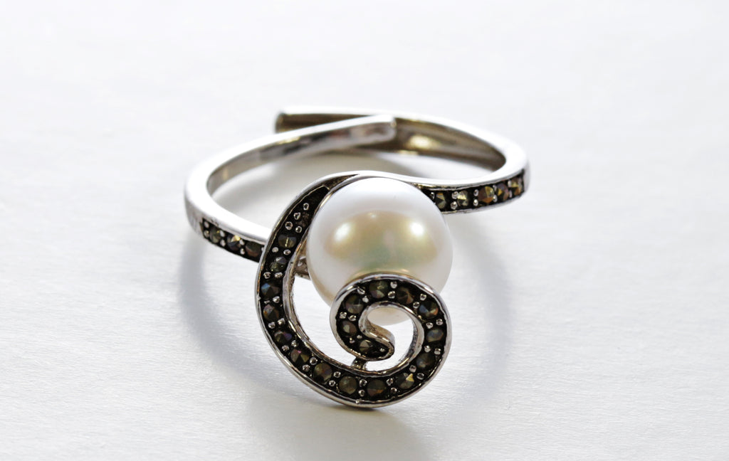 Pearl Ring with Marcasite Swirl Accent in Sterling Silver and Rhodium