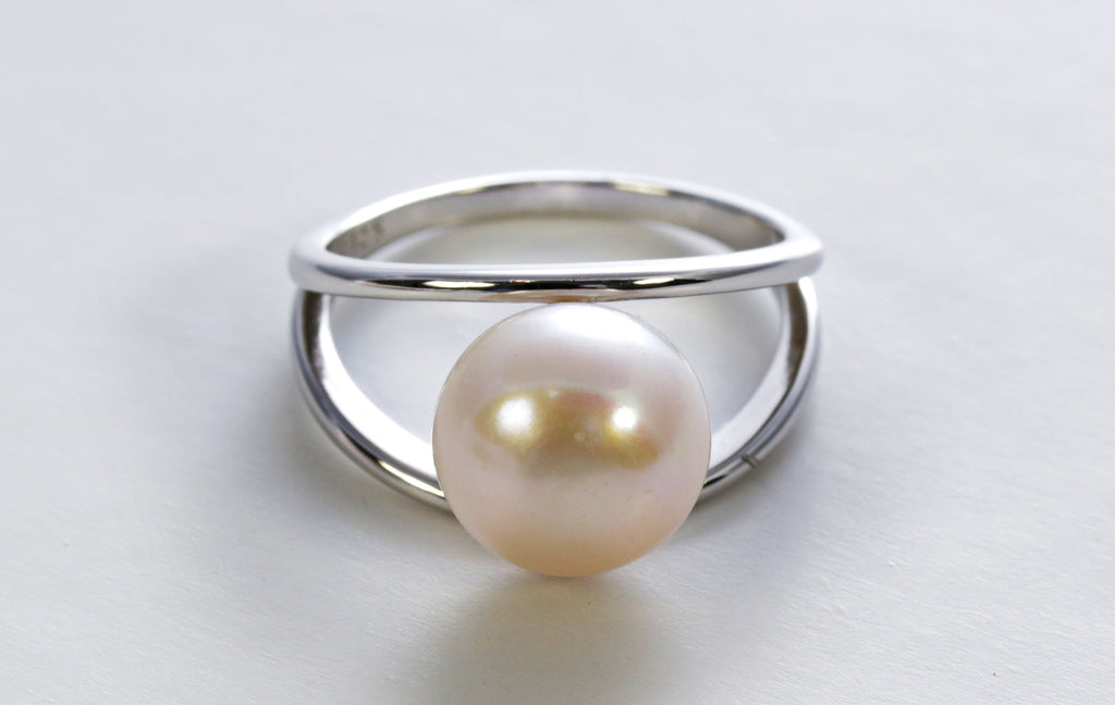 Split Shank Pearl Ring in Sterling Silver and Rhodium