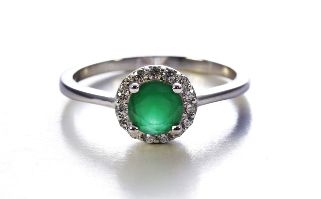 Emerald Halo Ring in Sterling Silver and Rhodium