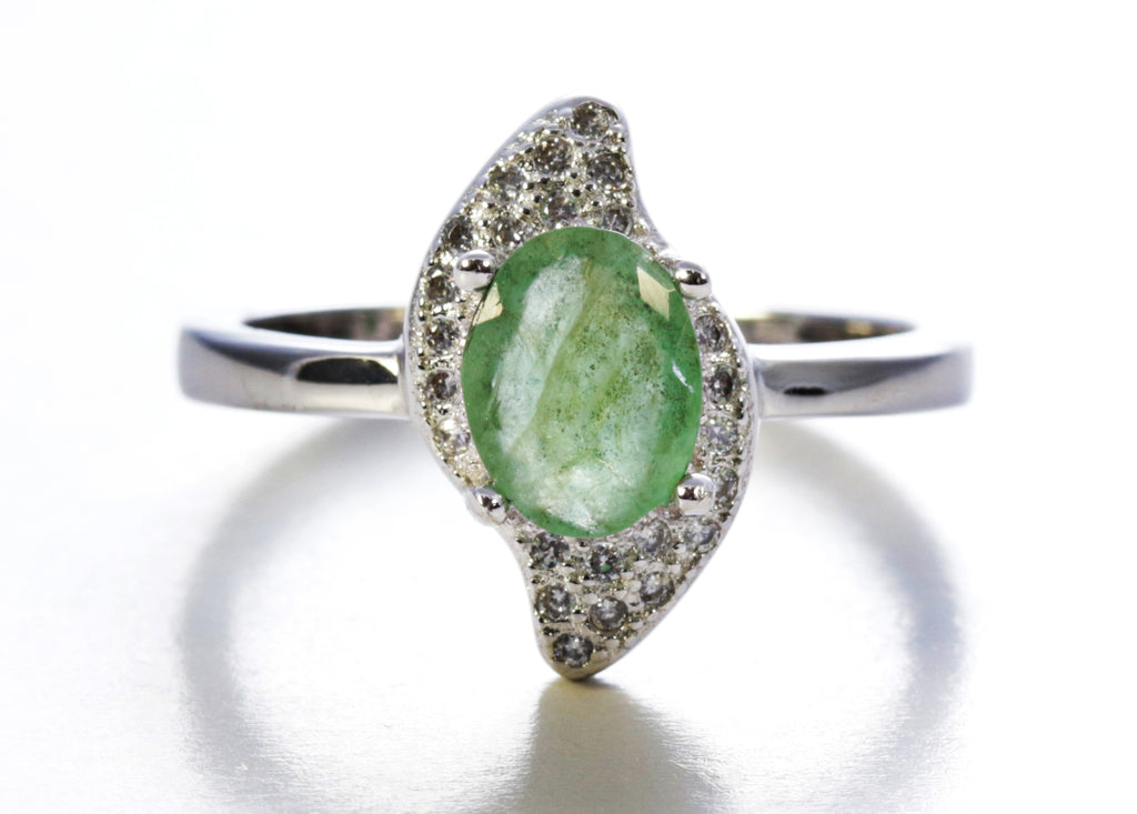 Oval Emerald with Cubic Zirconia Accents in Sterling Silver and Rhodium