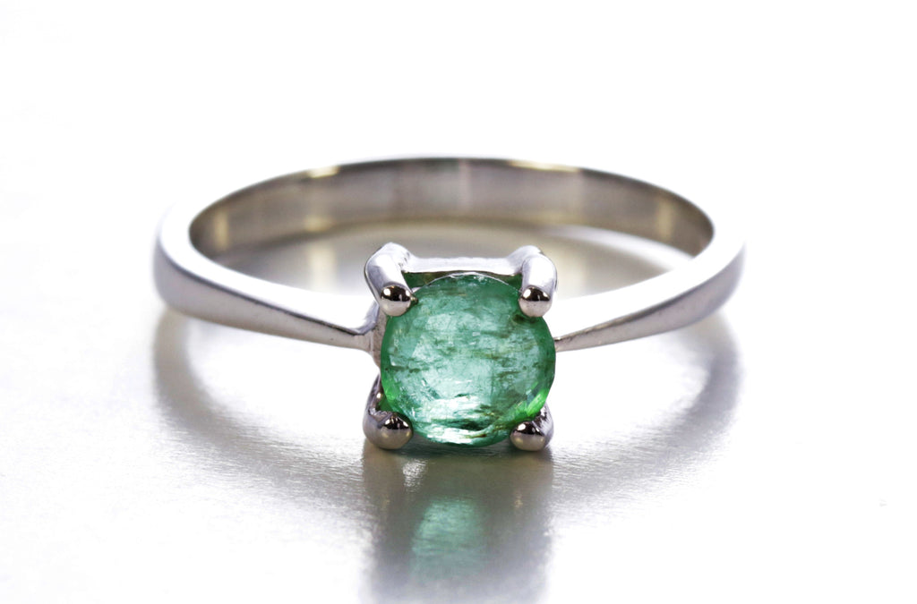 Round Emerald Solitaire Ring in Sterling Silver and Rhodium