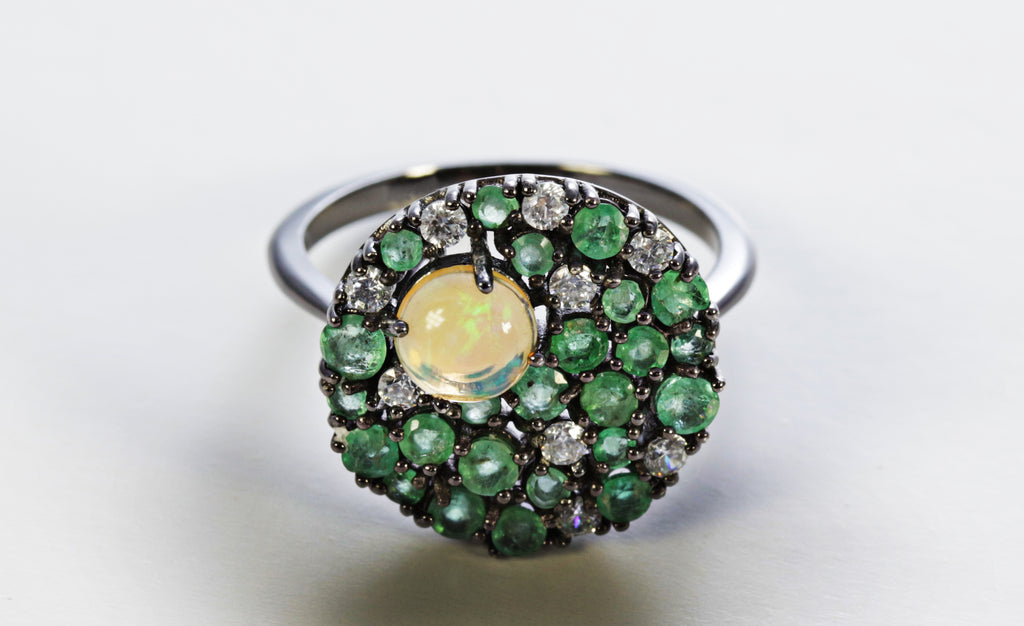 Emerald with Opal Multi-Stone Ring in Sterling Silver and Rhodium
