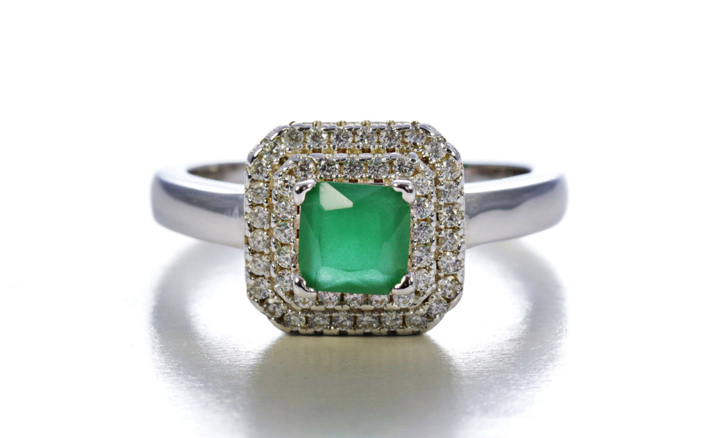 Double Frame Emerald Ring in Sterling Silver and Rhodium