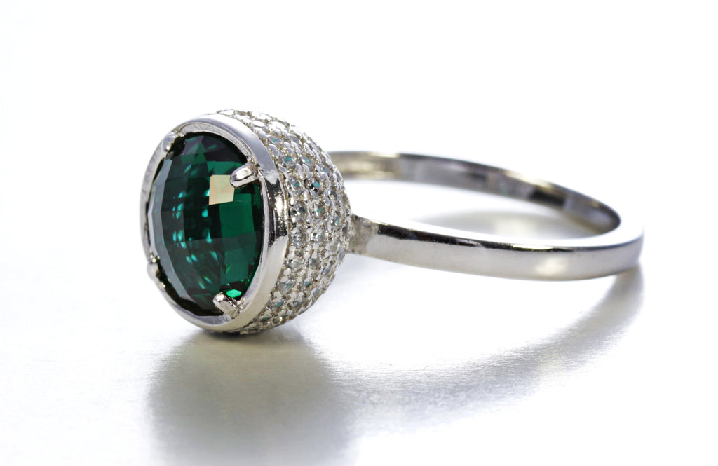 Emerald Round Ring in Sterling Silver and Rhodium