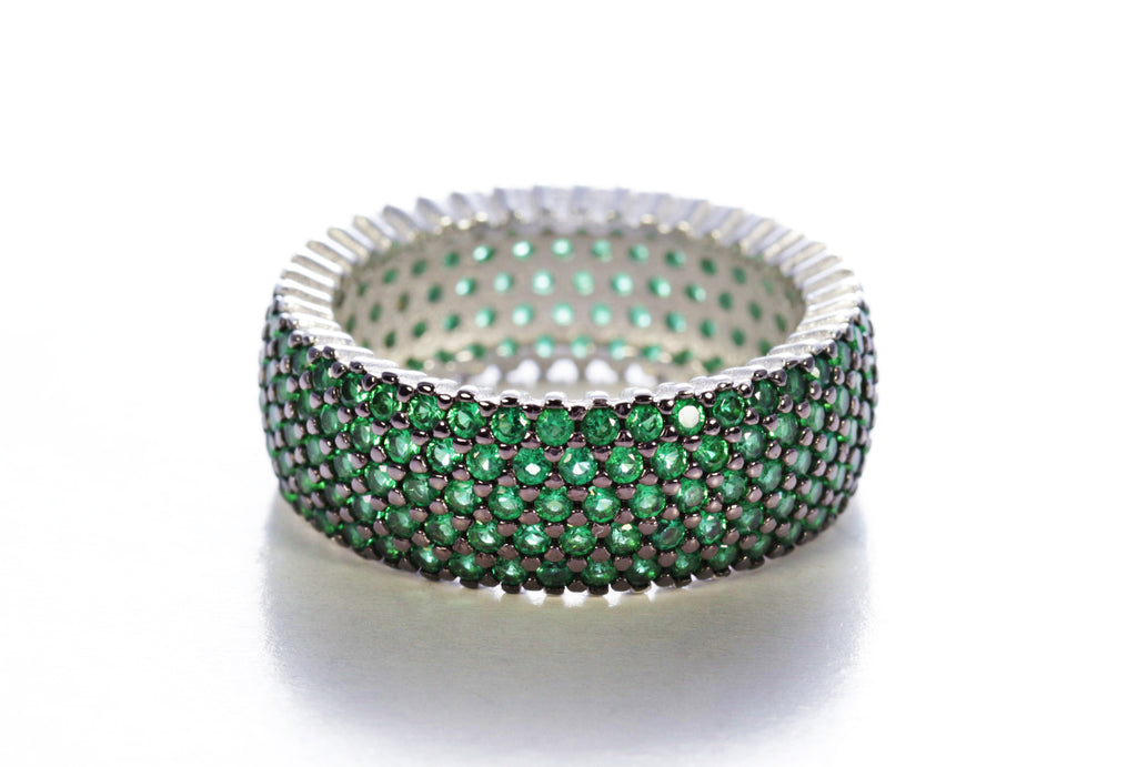 Five Row Emerald Micro Pave Ring in Sterling Silver and Rhodium