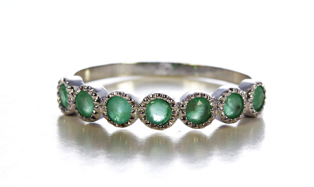 7 Stone Emerald Round Cut Ring in Sterling Silver and Rhodium