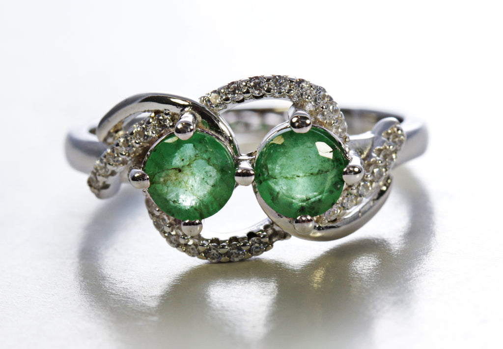 Emerald Two Round Stone Ring in Sterling Silver and Rhodium