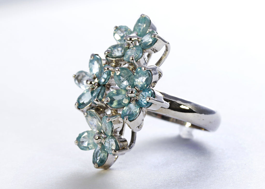Floral Aquamarine Ring in Sterling Silver and Rhodium