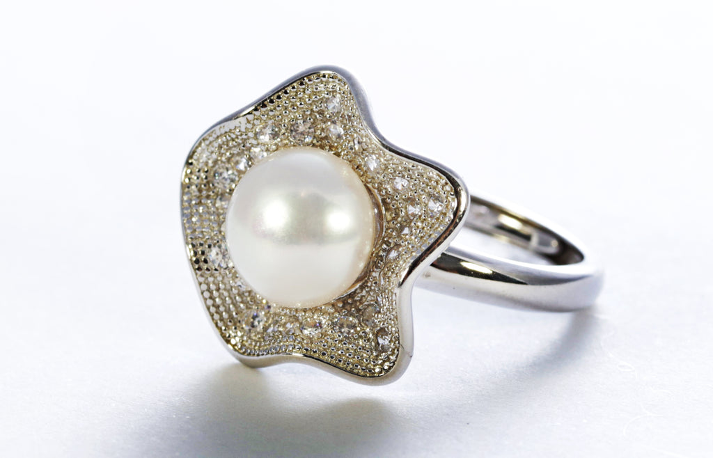 Pearl with Cubic Zirconia Ring in Sterling Silver and Rhodium
