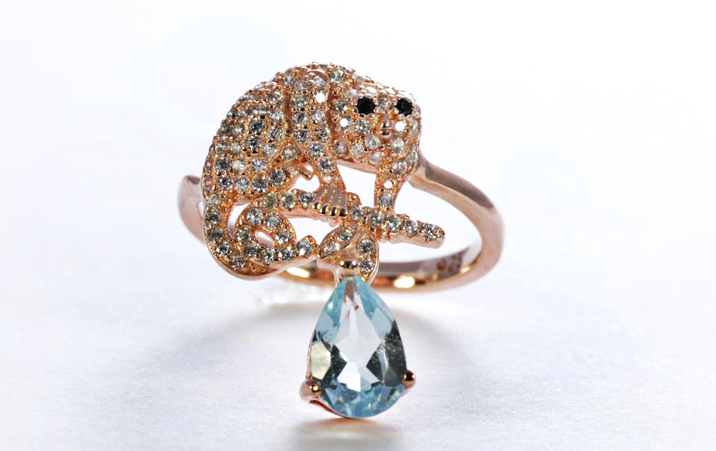 Aquamarine Feline Ring in Sterling Silver and 18k Rose Gold