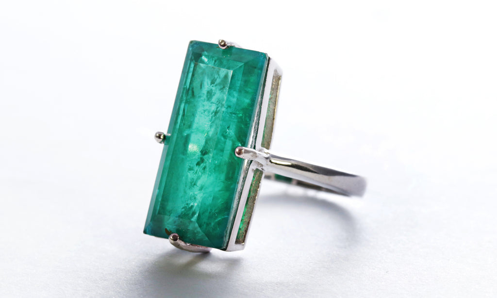 Large Emerald Stone Ring in Sterling Silver and Rhodium