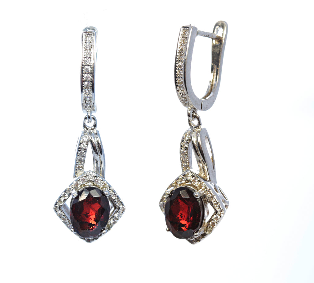 Oval Garnet with CZ Frame Earring in Sterling Silver and Rhodium