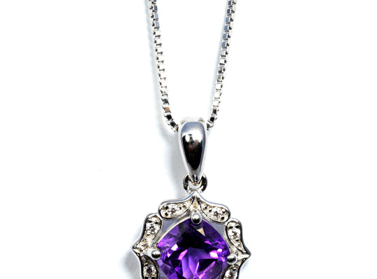 Cushion Cut Amethyst Pendant with CZ Accents in Sterling Silver and Rhodium