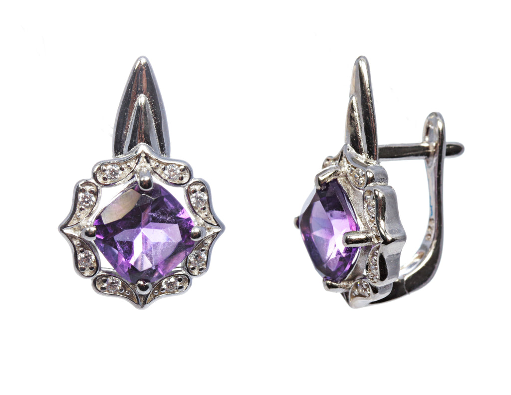 Cushion Cut Amethyst Earring with CZ Accents in Sterling Silver and Rhodium