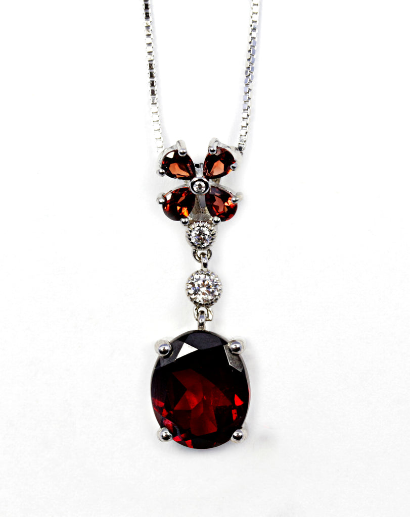Oval Garnet Drop Pendant with CZ Accents in Sterling Silver and Rhodium
