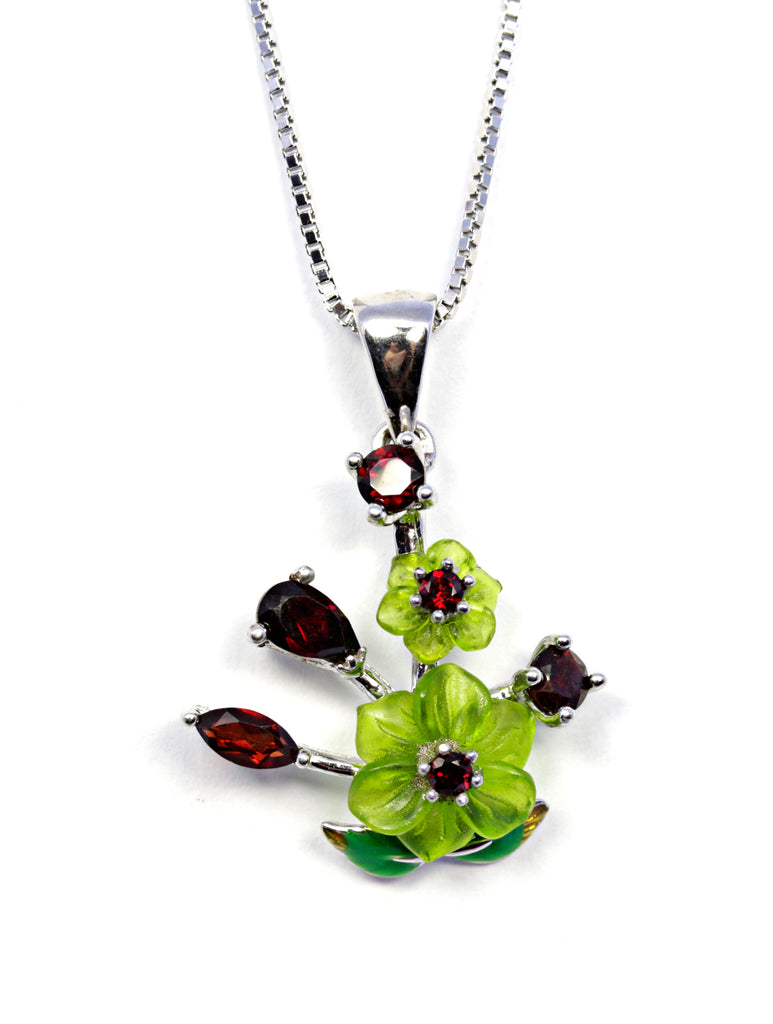 Floral Multi Stone and Shell Pendant in Sterling Silver and Rhodium