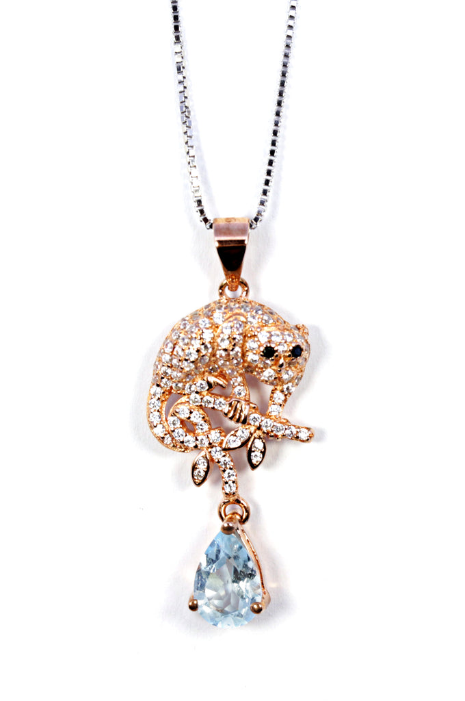 Aquamarine Drop Feline Pendant in Sterling Silver and 18k Rose Gold