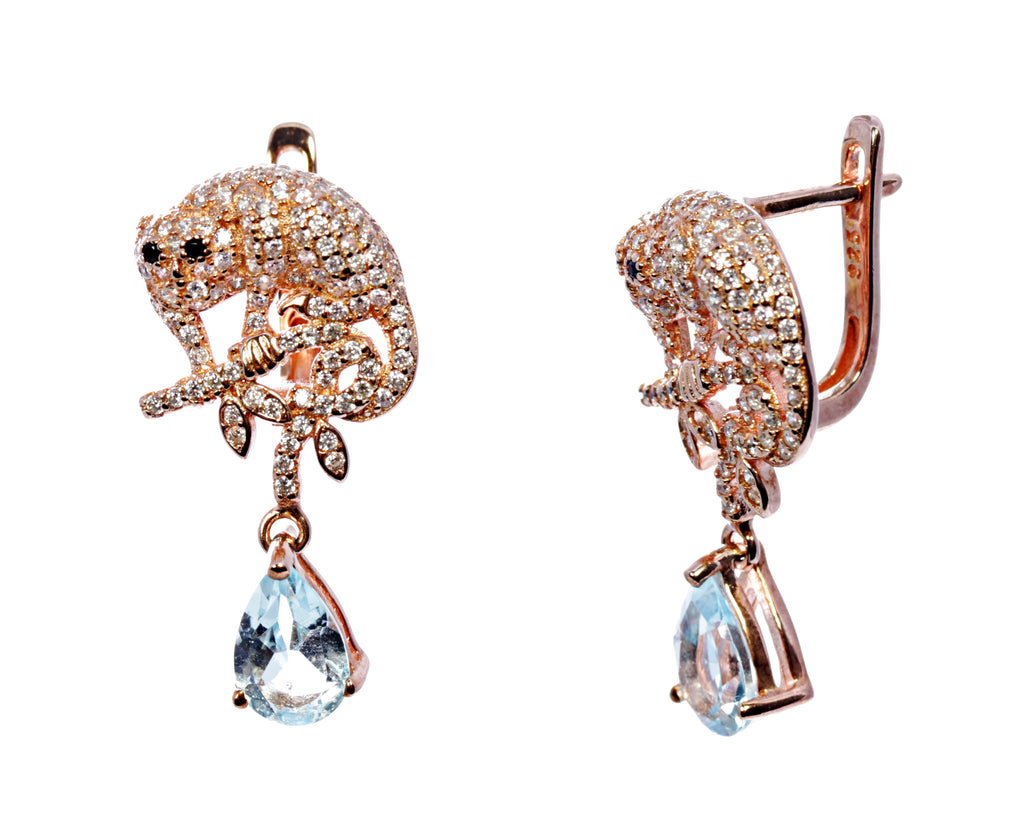 Aquamarine Drop Feline Earrings in Sterling Silver and 18k Rose Gold