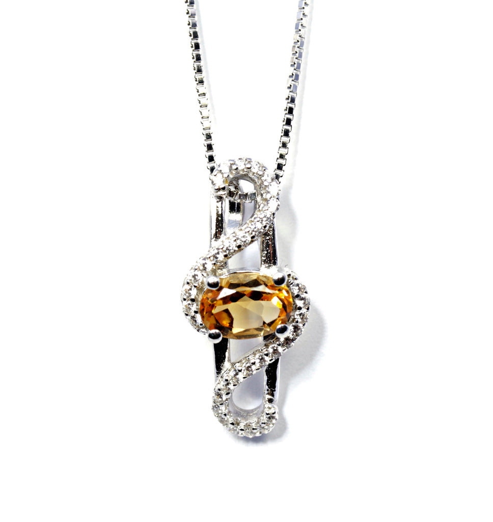 Oval Yellow Topaz Bypass Pendant in Sterling Silver and Rhodium
