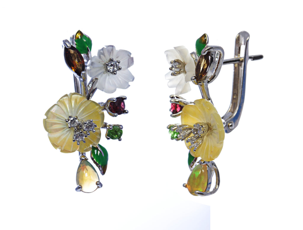 Floral Multi Stone Opal Earring in Sterling Silver and Rhodium
