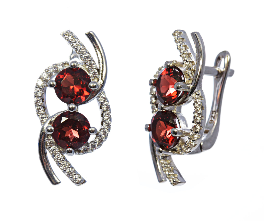 2 Stone Round Garnet Earrings in Sterling Silver and Rhodium