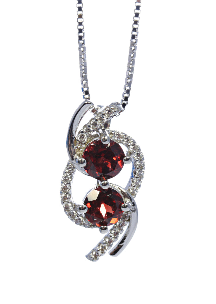 2 Stone Round Garnet Pendant in Sterling Silver and Rhodium