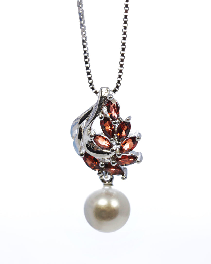 Garnet and Pearl Pendant in Sterling Silver and Rhodium
