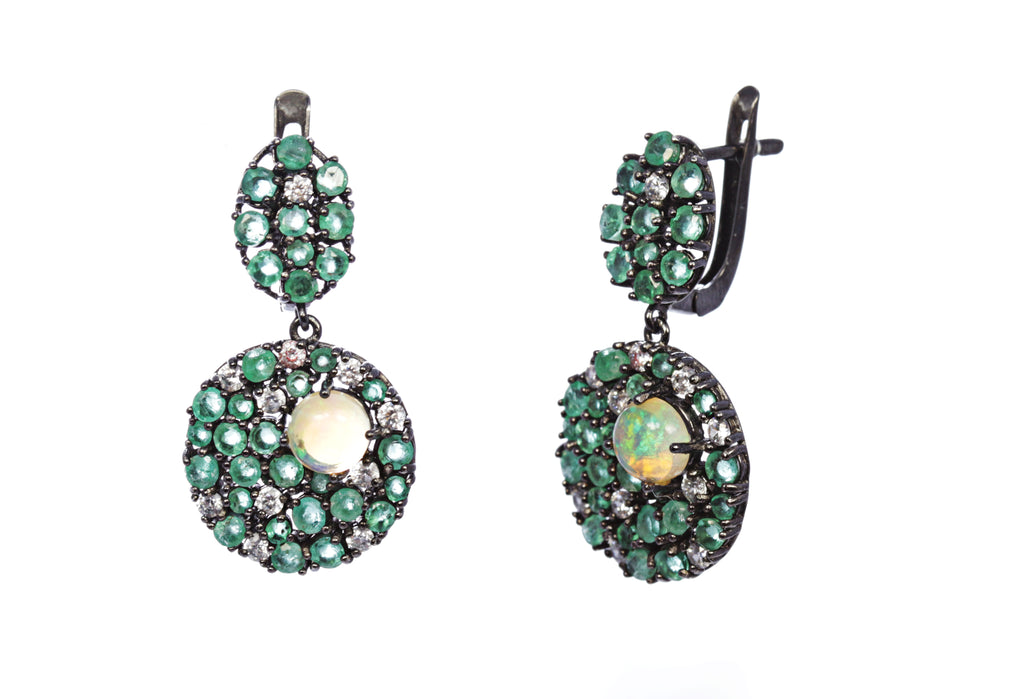 Emerald with Opal Multi-Stone Earring in Sterling Silver and Rhodium