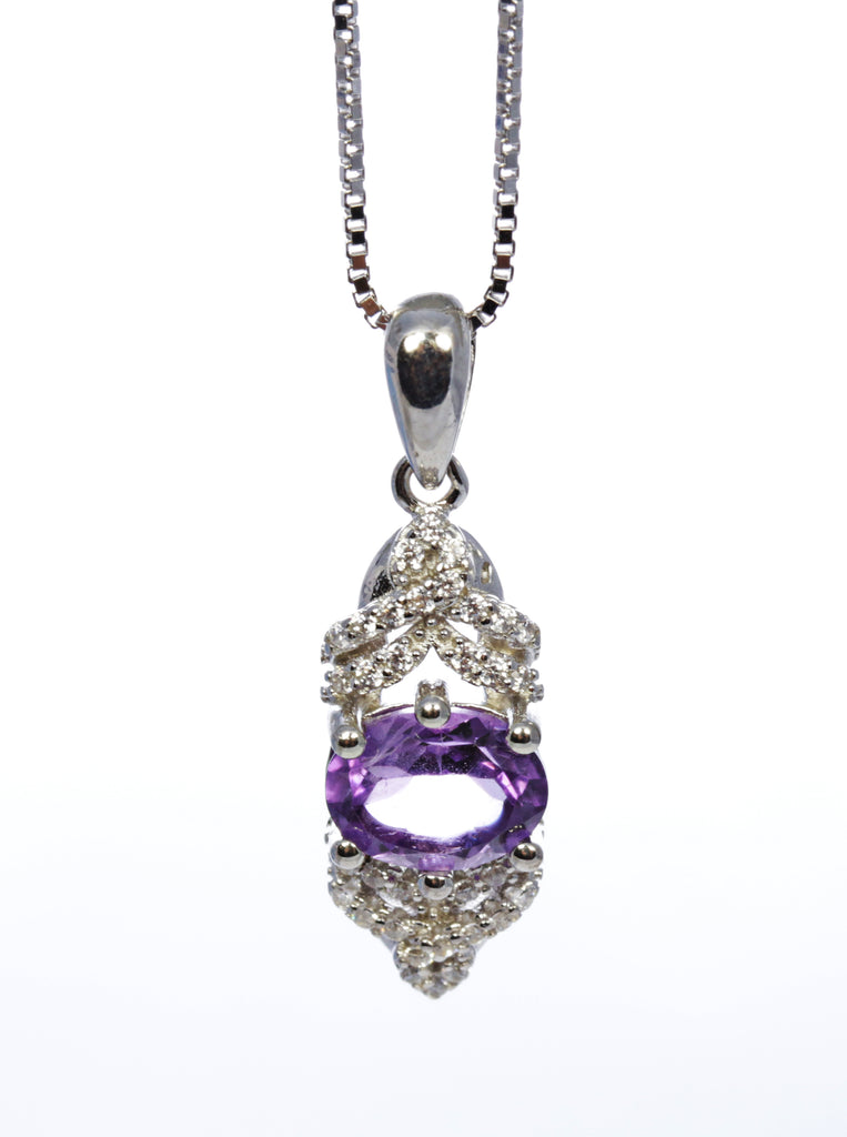 Oval Amethyst Pendant with CZ Accents in Sterling Silver and Rhodium