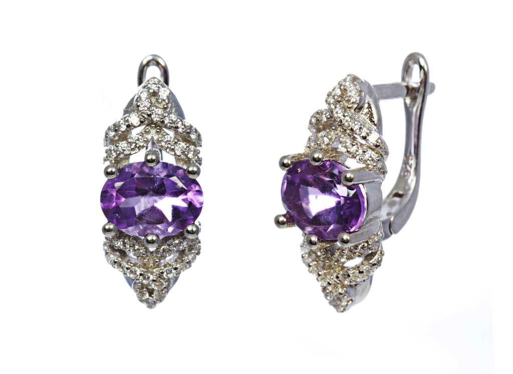 Oval Amethyst Earring with CZ Accents in Sterling Silver and Rhodium