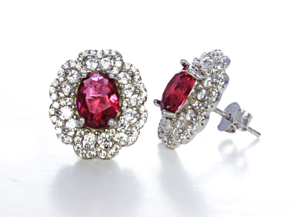 Oval Garnet Earrings with CZ Accents in Sterling Silver and Rhodium