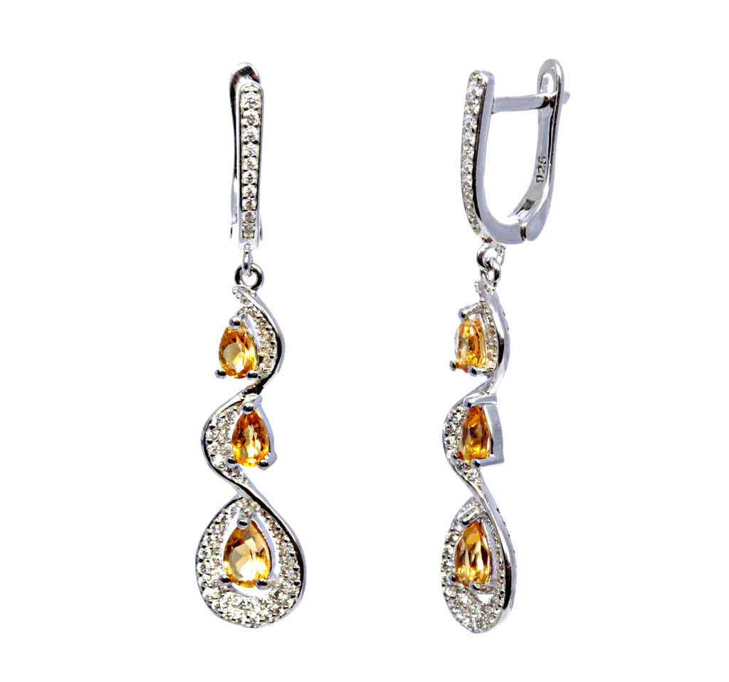 Yellow Topaz Pear Cut Earrings with Cubic Zirconia in Sterling Silver and Rhodium