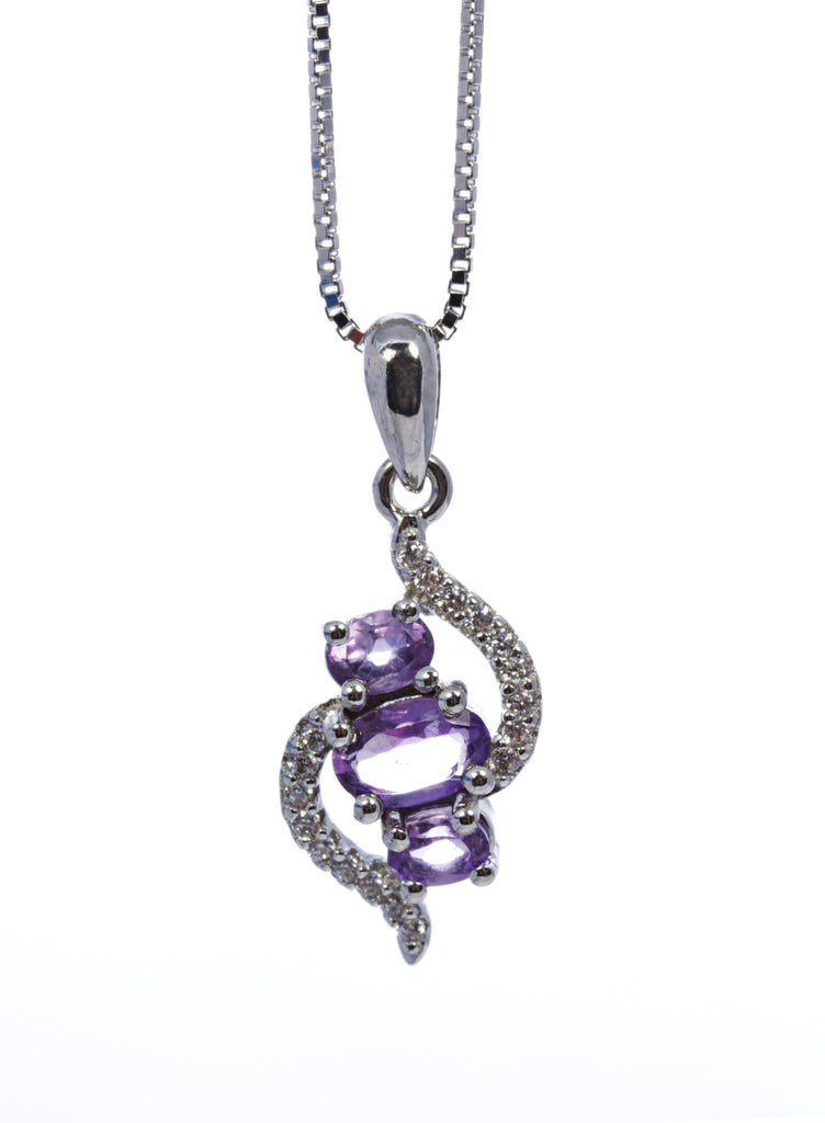3 Stone Amethyst Bypass Pendant  in Sterling Silver and Rhodium