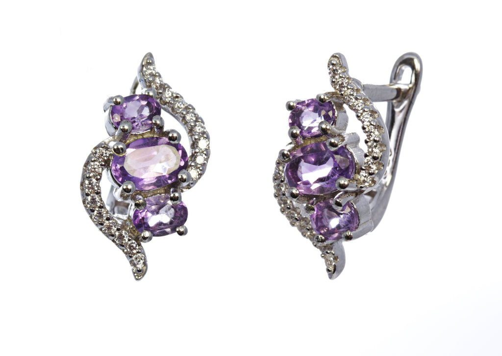 3 Stone Amethyst Bypass Earring in Sterling Silver and Rhodium