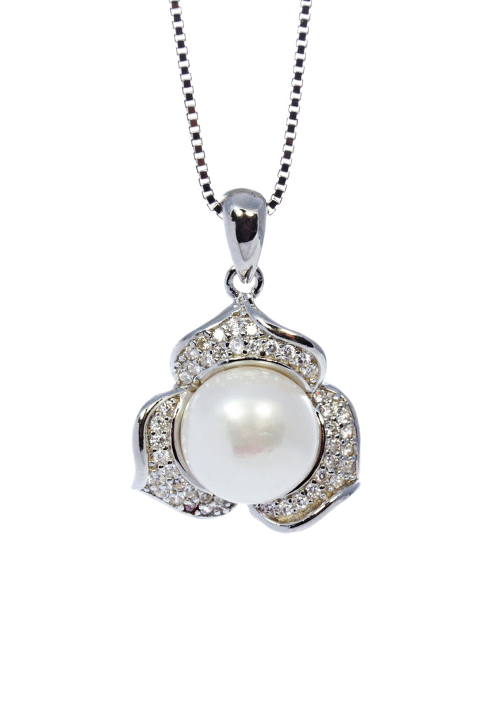 Pearl Flower Pendant with CZ accents in Sterling Silver and Rhodium