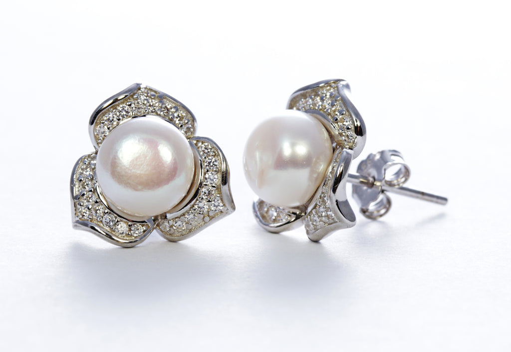 Pearl Flower Earring with Cubic Zirconia in Sterling Silver and Rhodium