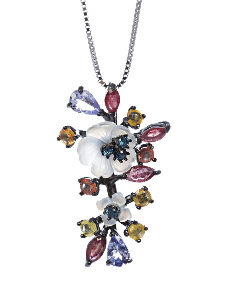 Multi Stone Floral Pendant with Ruby, Yellow Topaz, and Tanzanite in Sterling Silver and Rhodium
