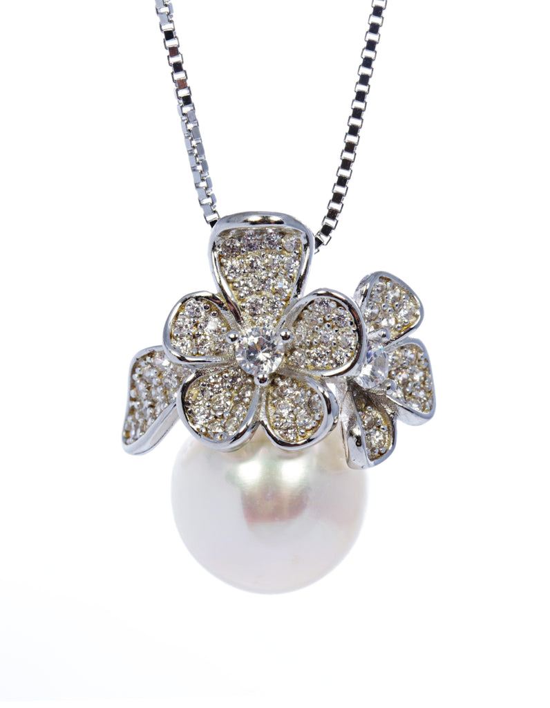 Pearl Flower Pendant with Cubic Zirconia Accents in Sterling Silver and Rhodium