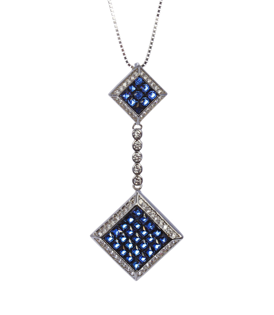 Baguette Sapphire Drop Pendant in Sterling Silver and Rhodium