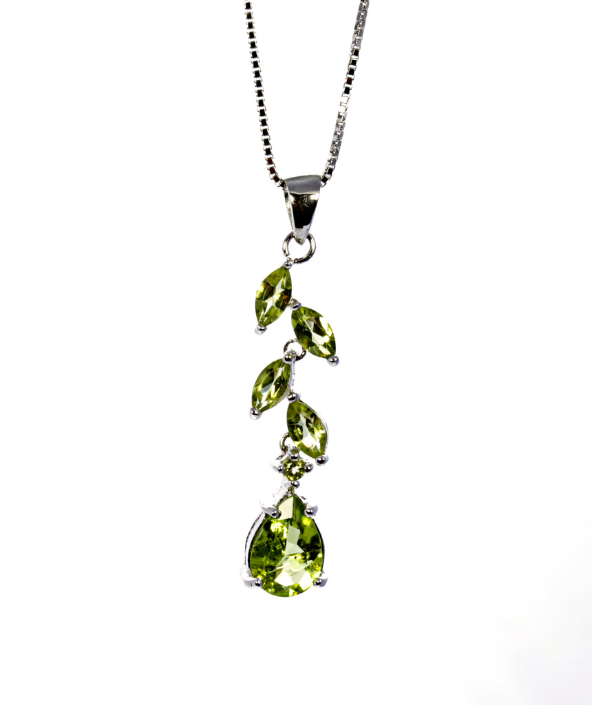 Peridot Leaf Drop Pendant in Sterling Silver and Rhodium