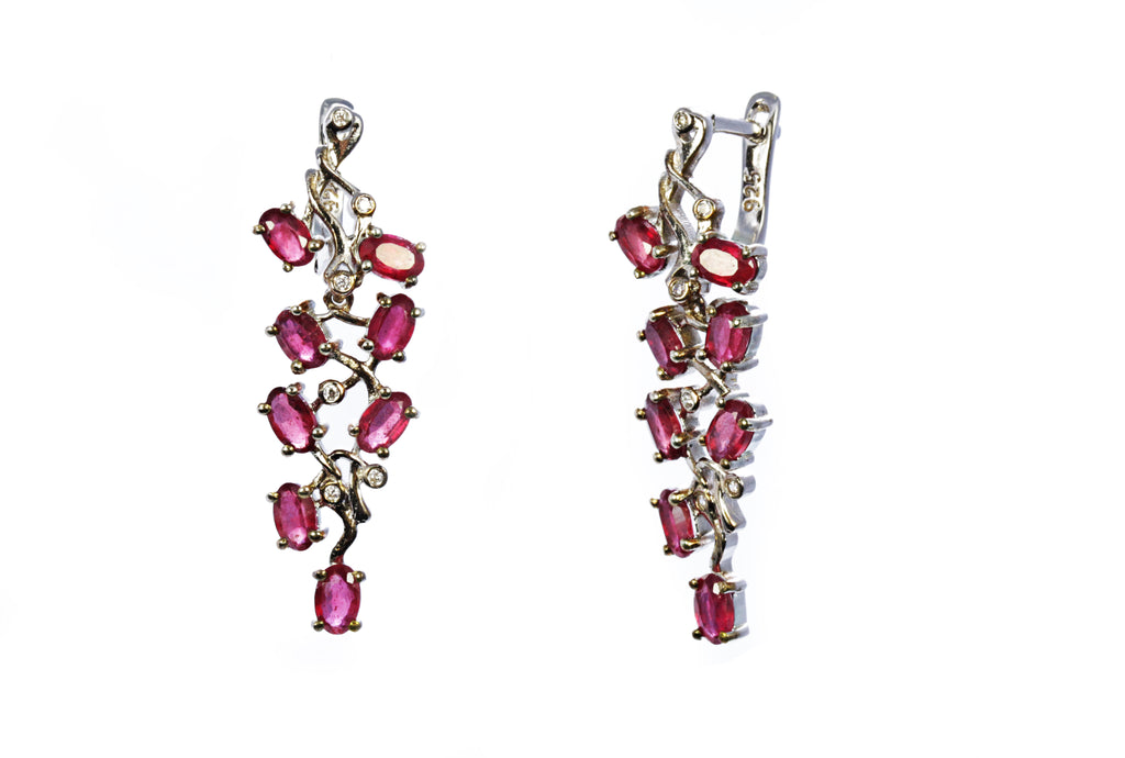 Multi Stone Ruby Cluster Earring in Sterling Silver and Rhodium