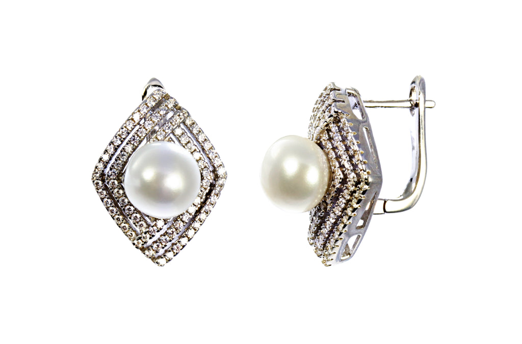 Pearl Earring with Cubic Zirconia Accents in Sterling Silver and Rhodium